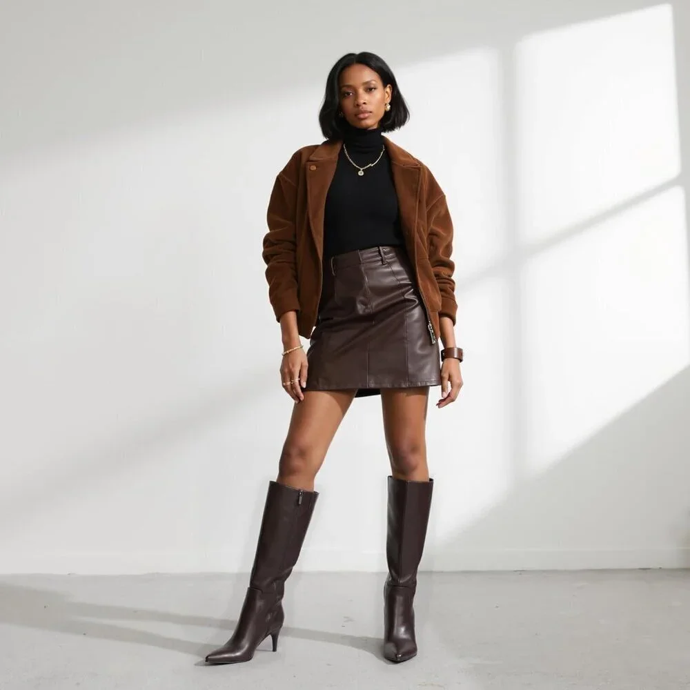 Women Chocolate 1 Tall Boots Pointed Toe Kitten Heel Side Zipper Knee High Boots